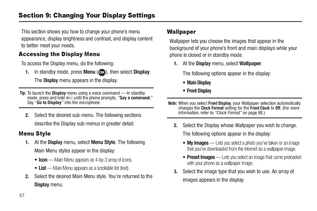 Samsung GH68-22573A user manual Changing Your Display Settings, Accessing the Display Menu, Menu Style, Wallpaper 