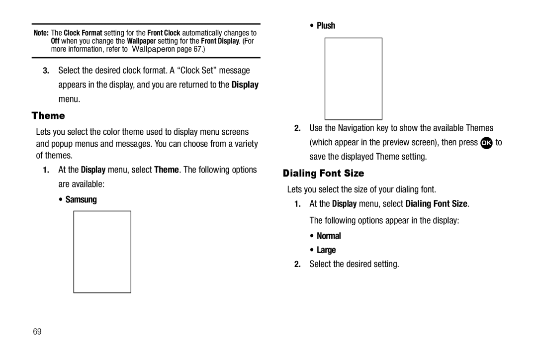 Samsung GH68-22573A user manual Theme, Dialing Font Size, Samsung Plush, Normal Large 