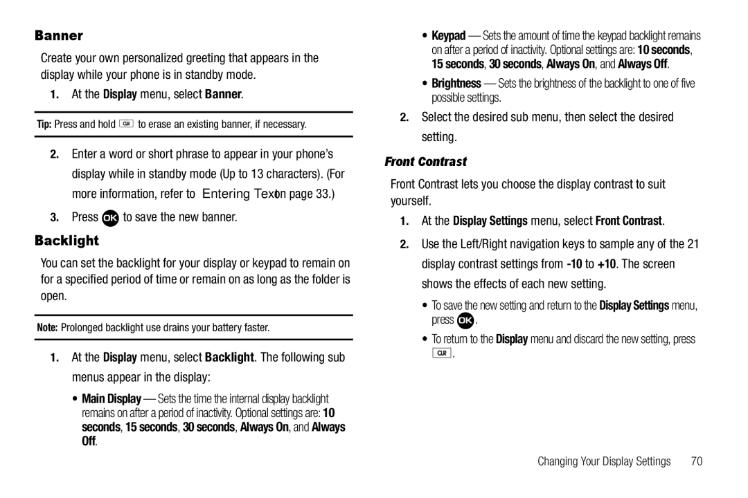 Samsung GH68-22573A user manual Banner, Backlight, At the Display Settings menu, select Front Contrast 