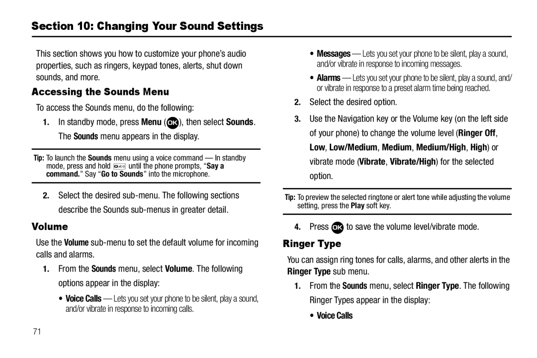 Samsung GH68-22573A user manual Changing Your Sound Settings, Accessing the Sounds Menu, Volume, Ringer Type, Voice Calls 