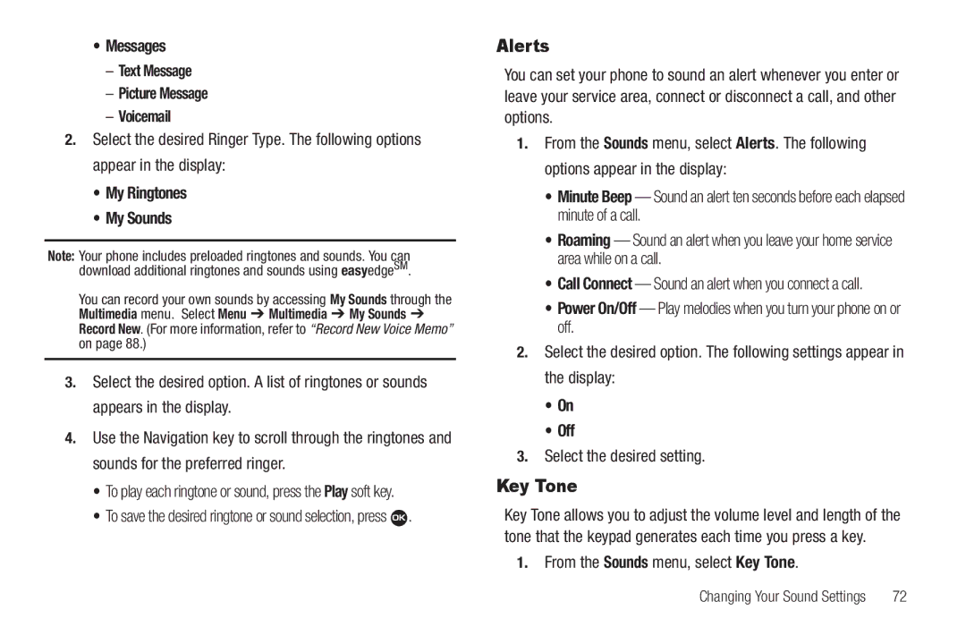 Samsung GH68-22573A user manual Alerts, Key Tone, Messages Text Message Picture Message Voicemail 