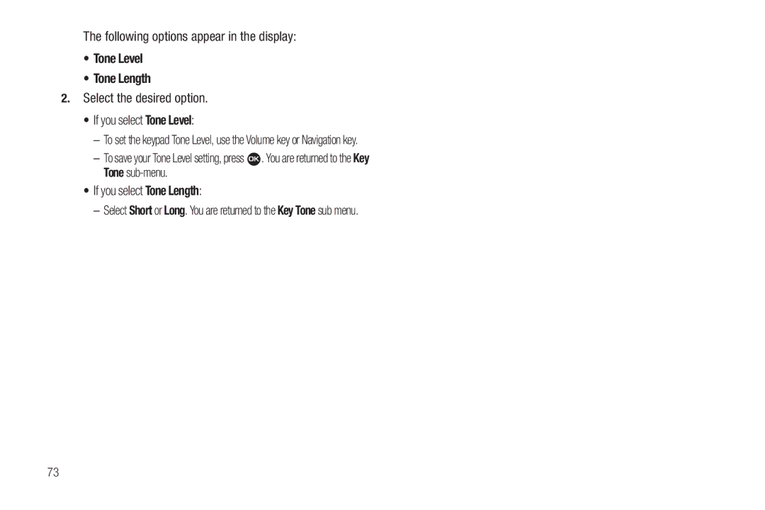 Samsung GH68-22573A user manual Following options appear in the display, Tone Level Tone Length 