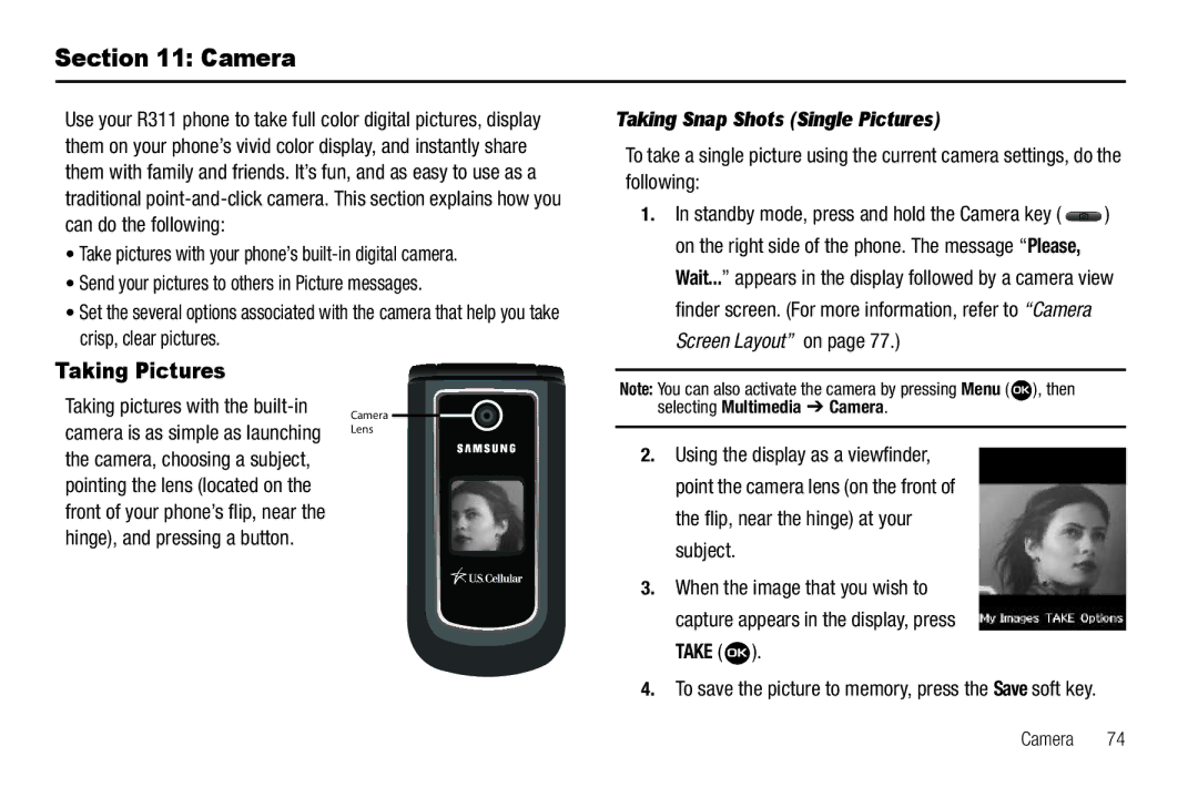 Samsung GH68-22573A user manual Camera, Taking Pictures, Taking Snap Shots Single Pictures 