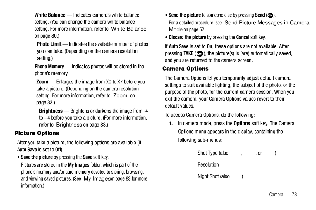 Samsung GH68-22573A user manual Picture Options, Camera Options, Discard the picture by pressing the Cancel soft key 