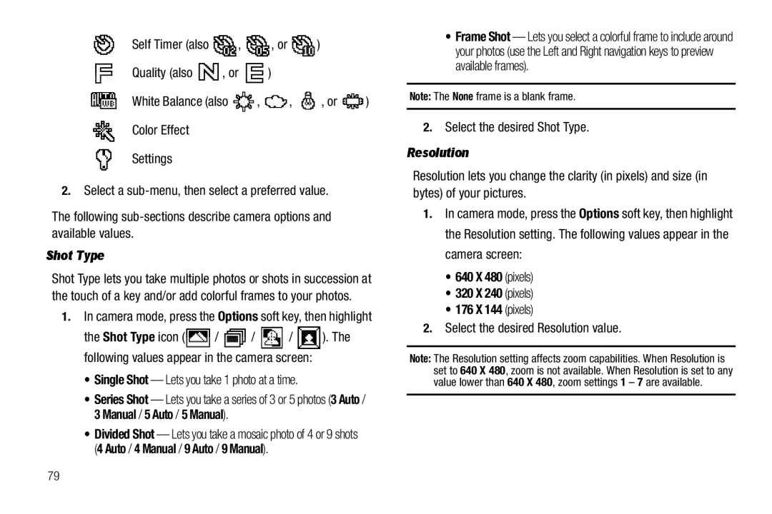 Samsung GH68-22573A user manual Shot Type, Resolution, 640 X 480 pixels 320 X 240 pixels 176 X 144 pixels 