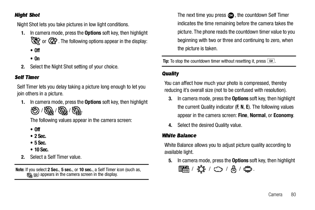 Samsung GH68-22573A user manual Night Shot, Self Timer, Off Sec 10 Sec, Quality, White Balance 