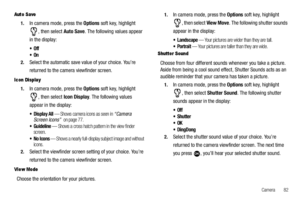 Samsung GH68-22573A user manual Off Shutter DingDong, Auto Save, Icon Display, View Mode, Shutter Sound 