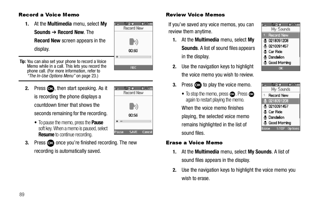 Samsung GH68-22573A user manual Press to play the voice memo, Review Voice Memos, Erase a Voice Memo 