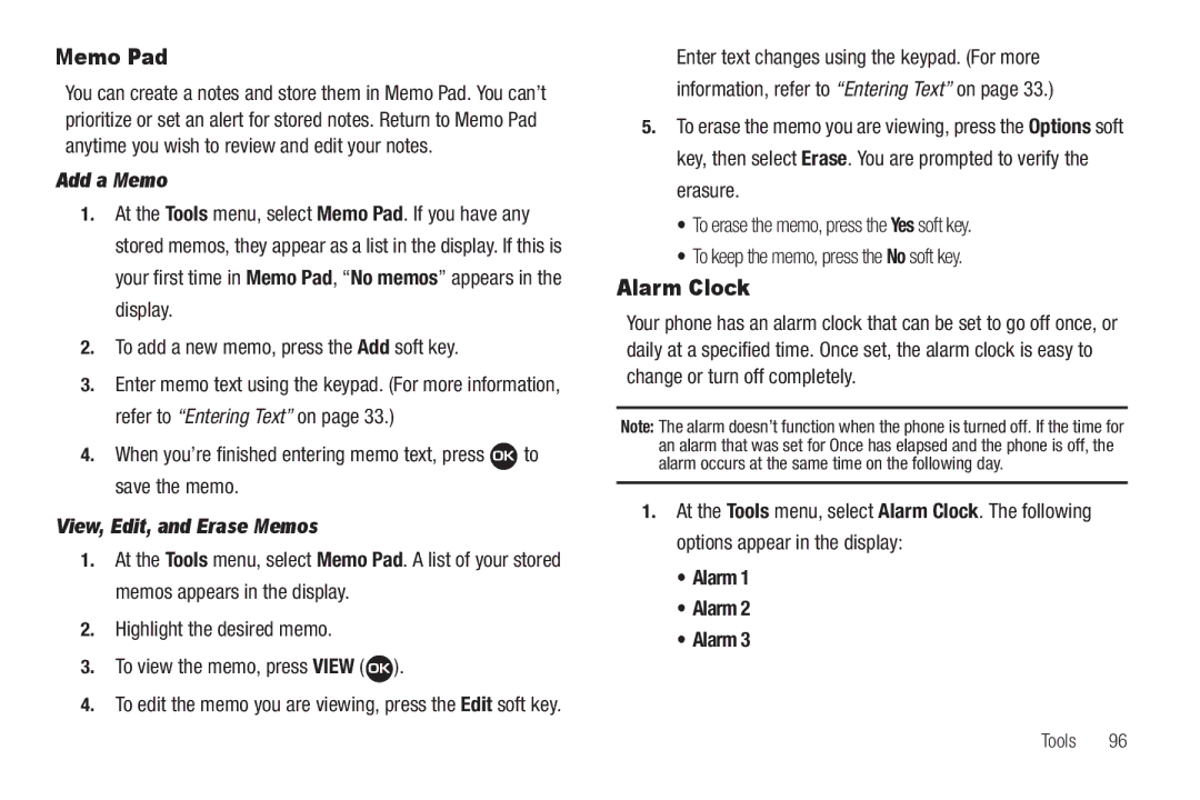 Samsung GH68-22573A user manual Memo Pad, Alarm Clock, Add a Memo, View, Edit, and Erase Memos 