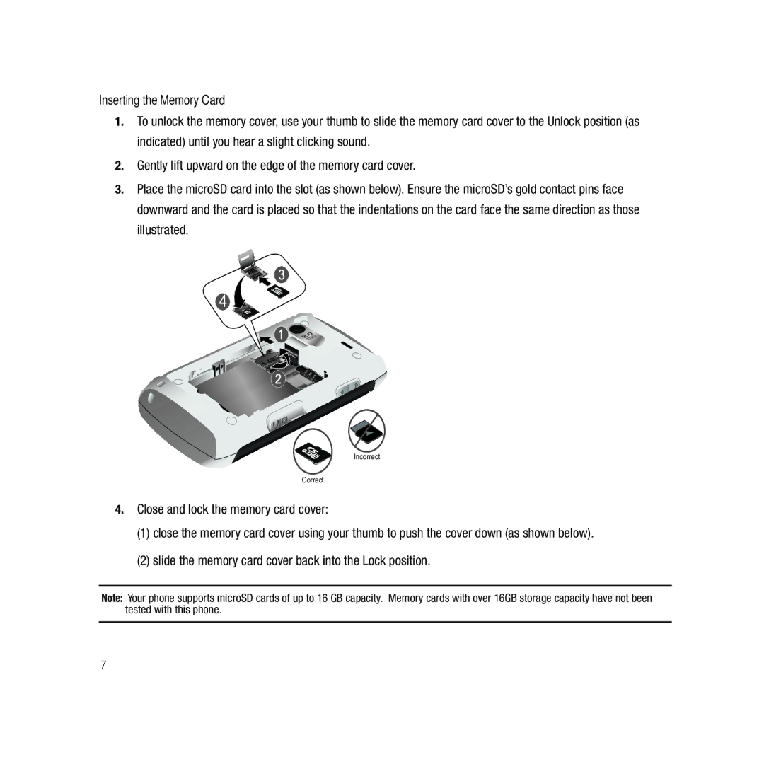 Samsung GH68-22878A user manual Inserting the Memory Card, Close and lock the memory card cover 