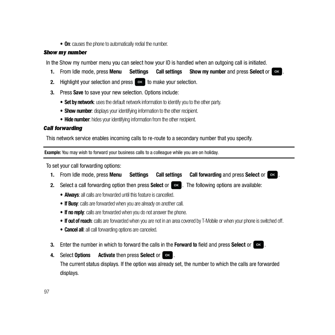 Samsung GH68-22878A user manual Show my number, Call forwarding, Select Options Activate then press Select or 