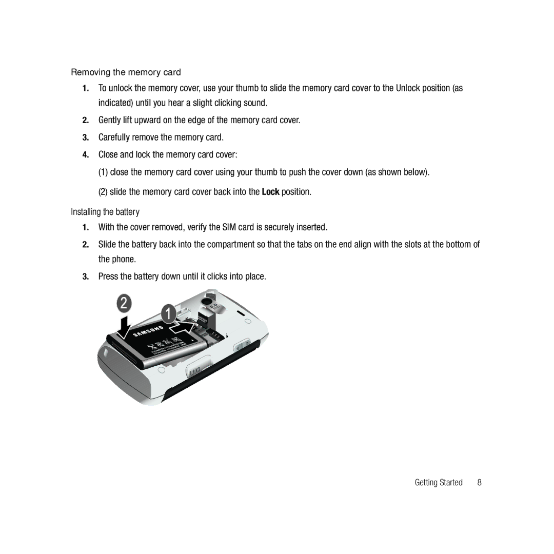 Samsung GH68-22878A user manual Installing the battery, Removing the memory card 