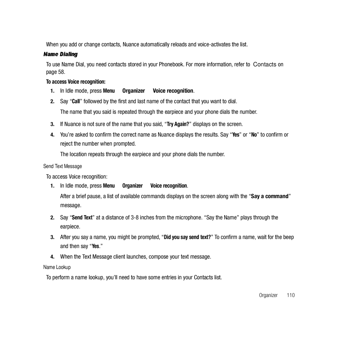 Samsung GH68-22878A user manual Name Dialing, To access Voice recognition, Send Text Message, Name Lookup 
