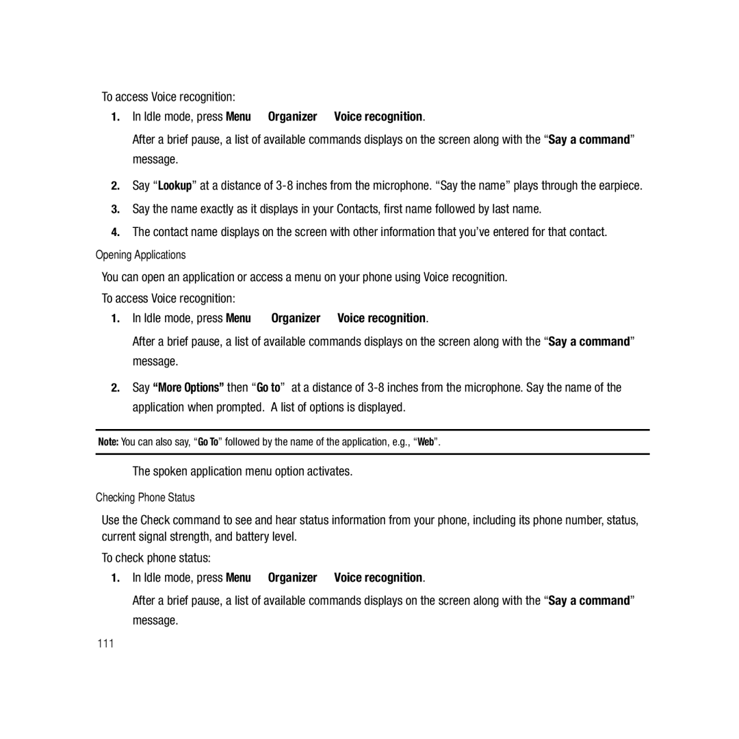 Samsung GH68-22878A user manual Spoken application menu option activates, Opening Applications, Checking Phone Status 