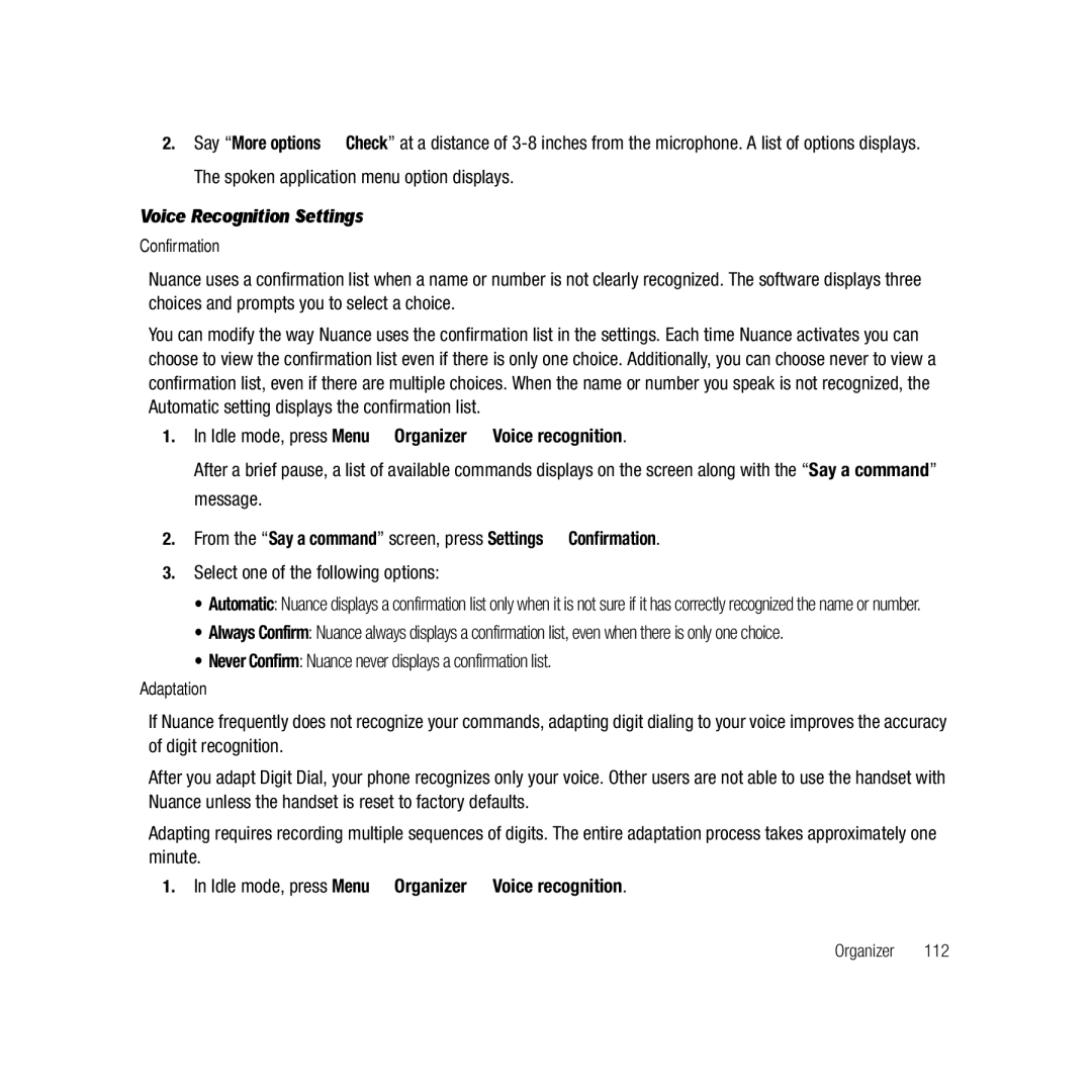 Samsung GH68-22878A Voice Recognition Settings, From the Say a command screen, press Settings Confirmation, Adaptation 