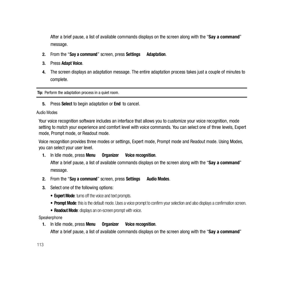 Samsung GH68-22878A user manual Message, Press Select to begin adaptation or End to cancel 