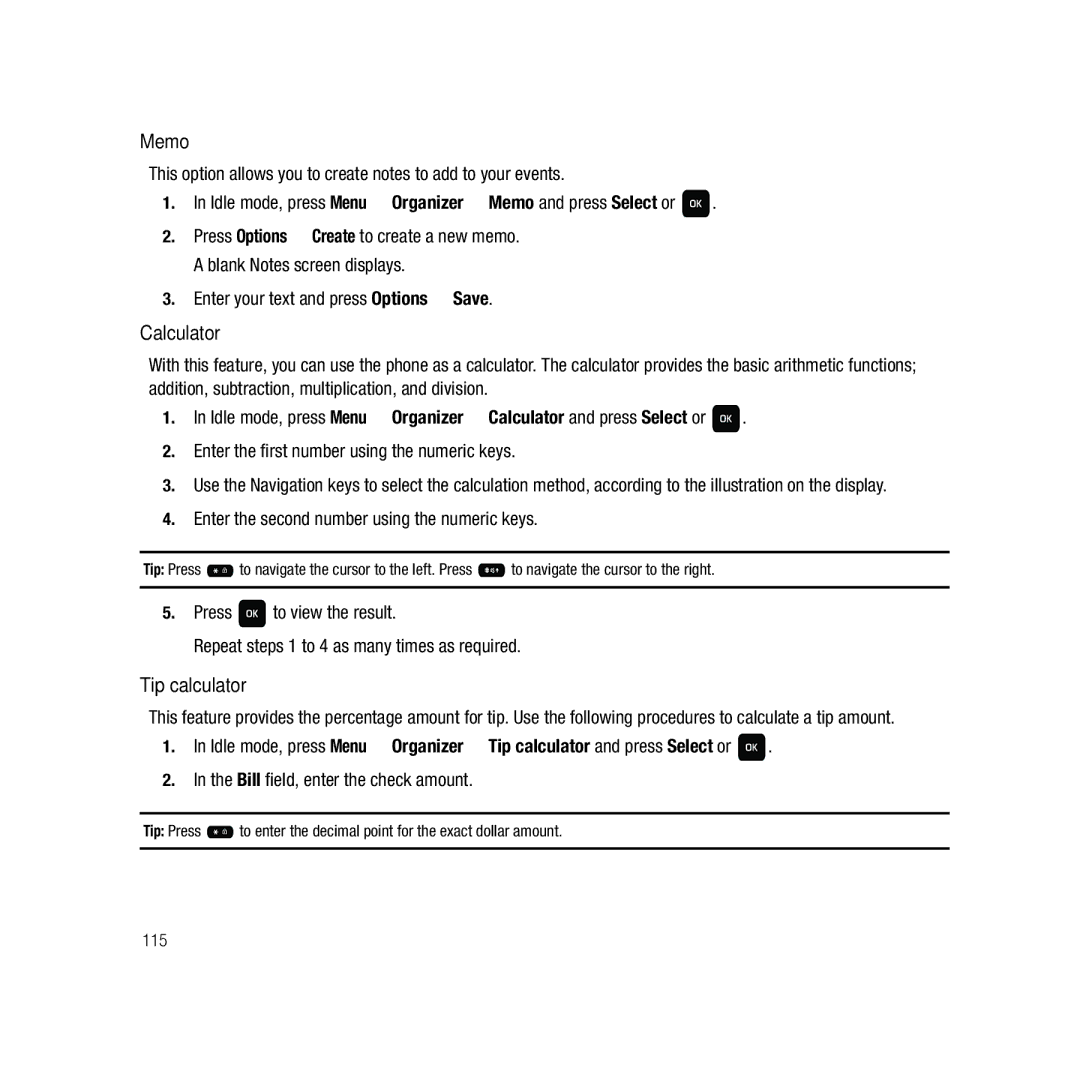 Samsung GH68-22878A user manual Memo, Calculator, Tip calculator 