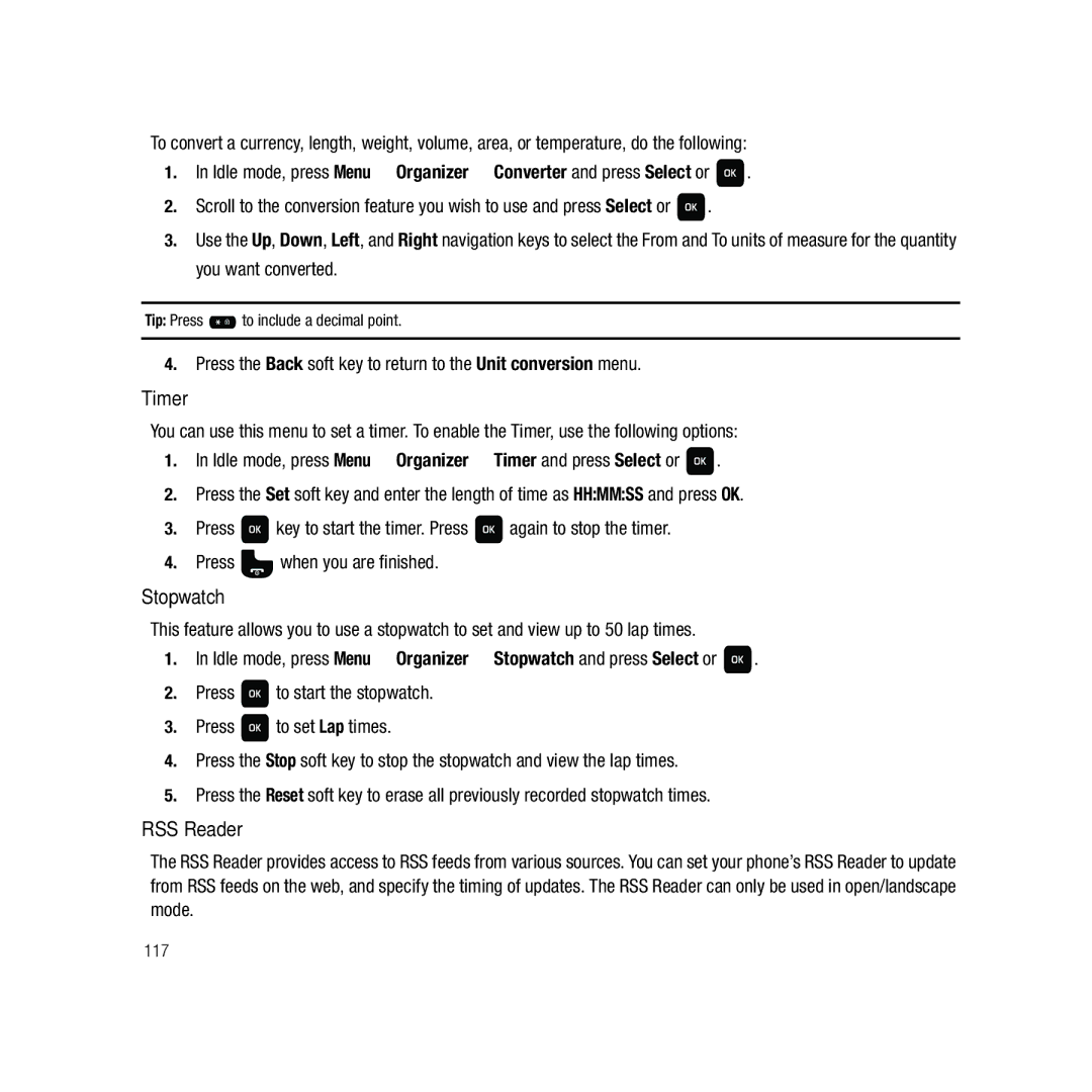 Samsung GH68-22878A user manual Timer, Stopwatch, RSS Reader 