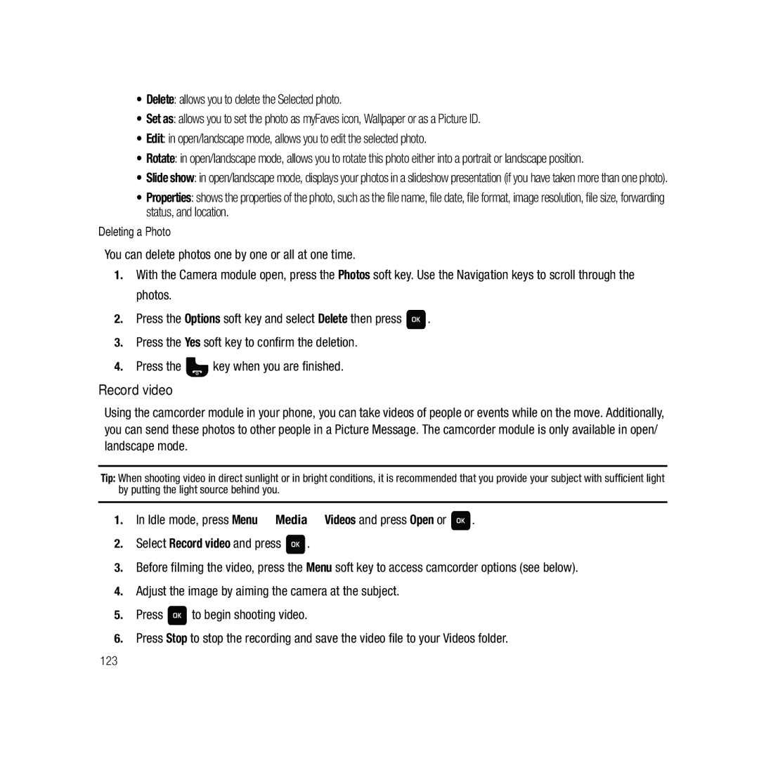 Samsung GH68-22878A user manual Record video, Deleting a Photo 