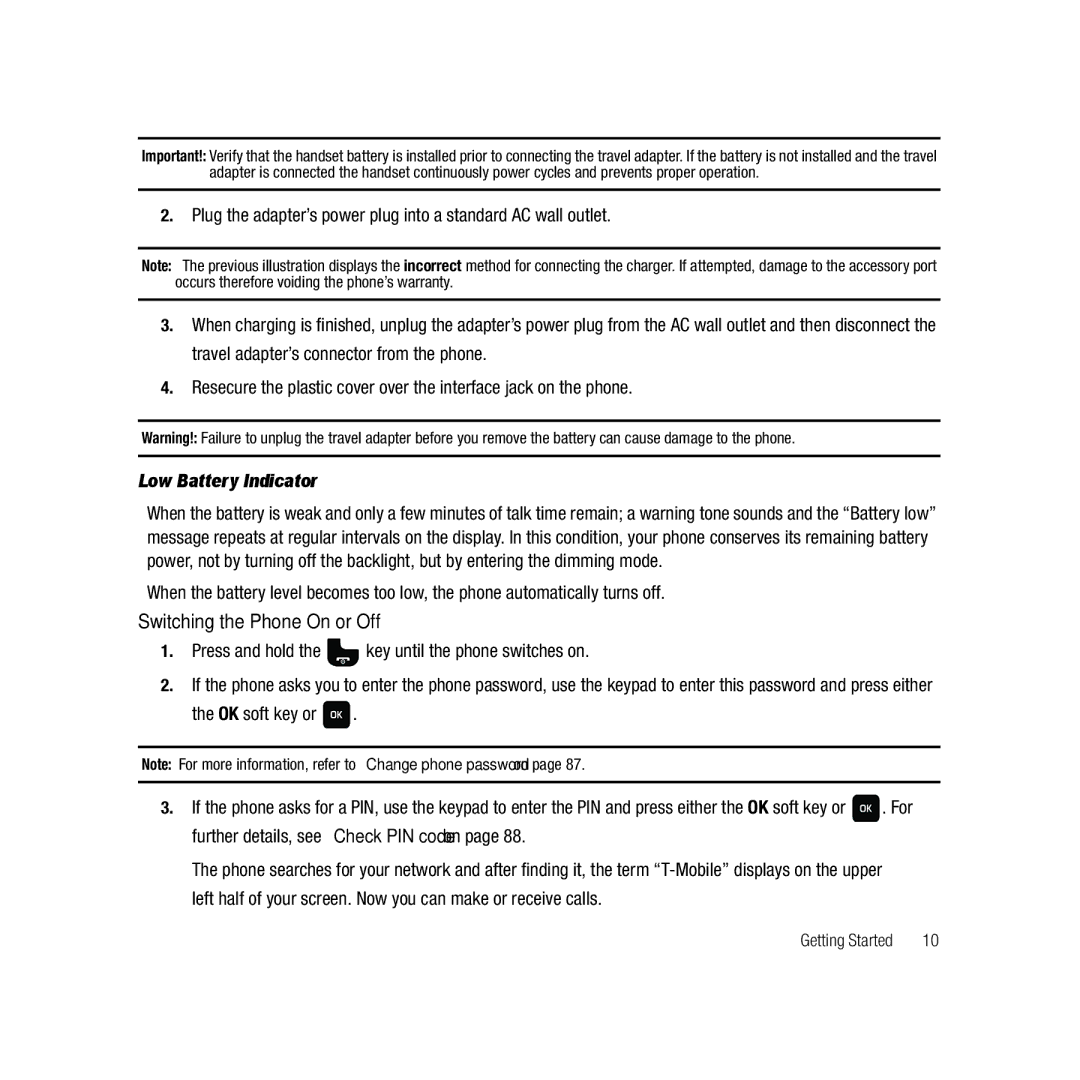 Samsung GH68-22878A user manual Switching the Phone On or Off, Low Battery Indicator 