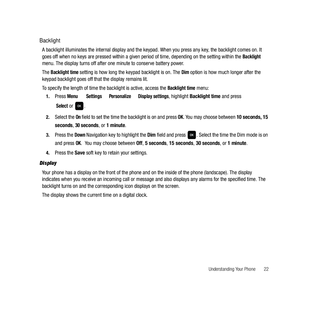 Samsung GH68-22878A user manual Backlight, Press the Save soft key to retain your settings, Display 