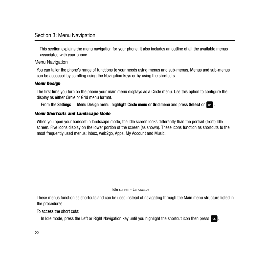 Samsung GH68-22878A user manual Menu Navigation, Menu Design, Menu Shortcuts and Landscape Mode 