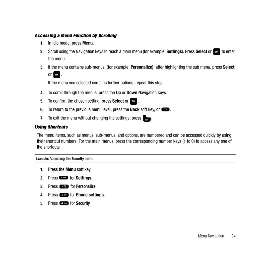 Samsung GH68-22878A Accessing a Menu Function by Scrolling, Using Shortcuts, Press for Phone settings, Press for Security 