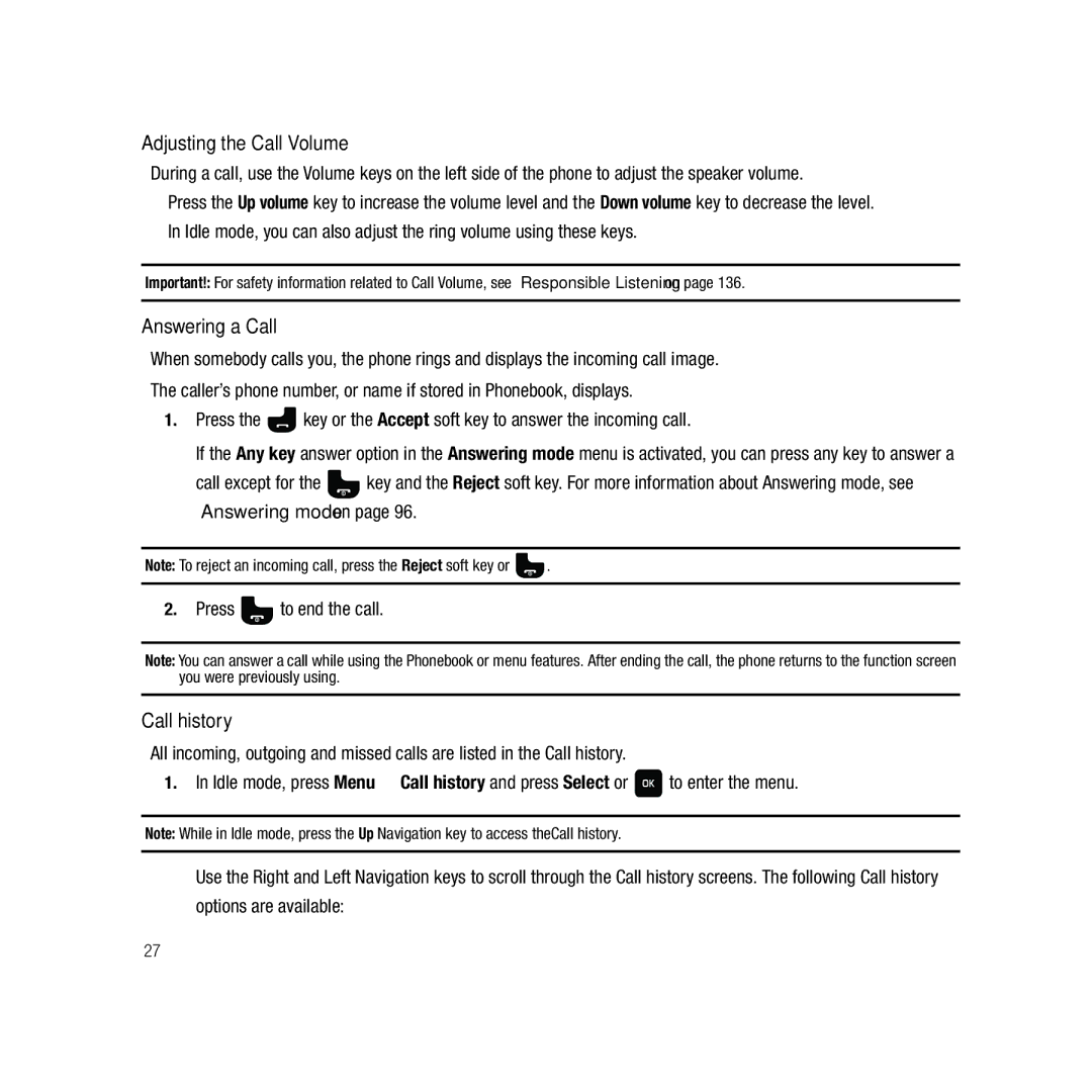 Samsung GH68-22878A user manual Adjusting the Call Volume, Answering a Call, Call history 