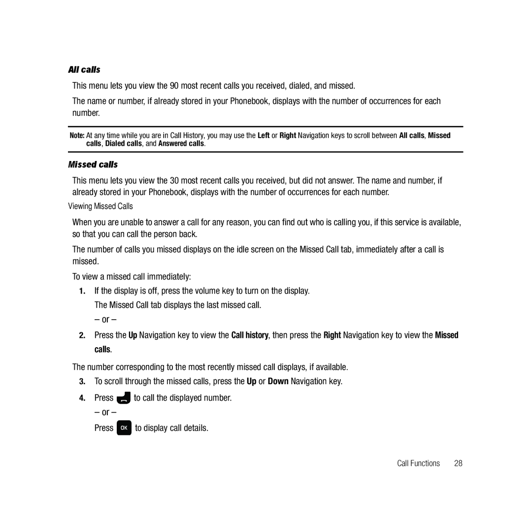 Samsung GH68-22878A user manual All calls, Missed calls, Viewing Missed Calls 