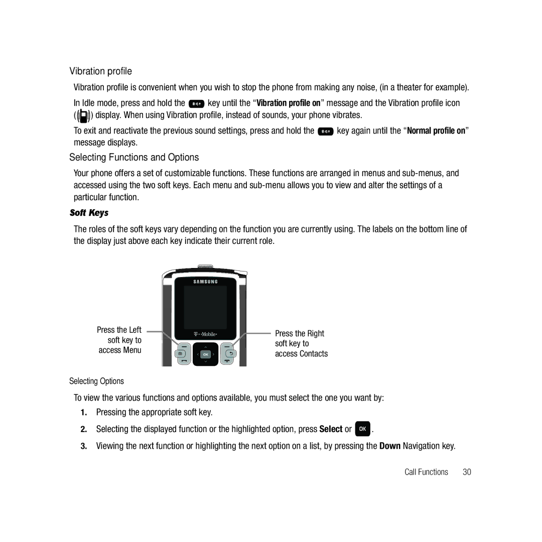 Samsung GH68-22878A user manual Vibration profile, Selecting Functions and Options, Soft Keys, Selecting Options 