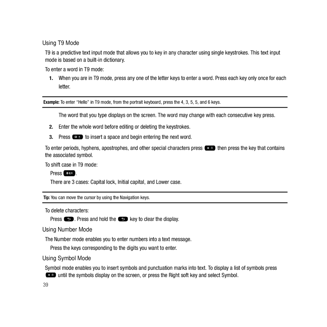 Samsung GH68-22878A user manual Using T9 Mode, Using Number Mode, Using Symbol Mode 