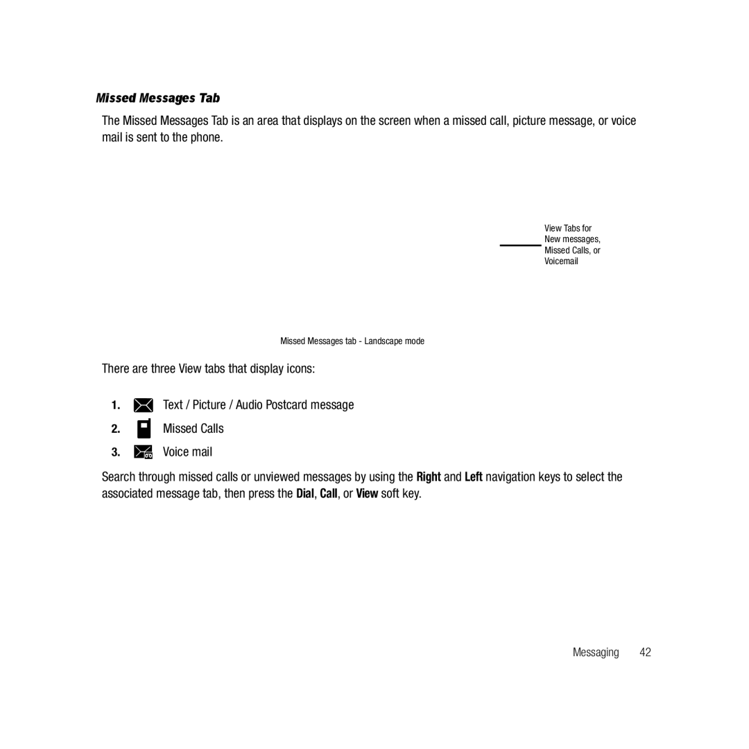 Samsung GH68-22878A user manual Missed Messages Tab 