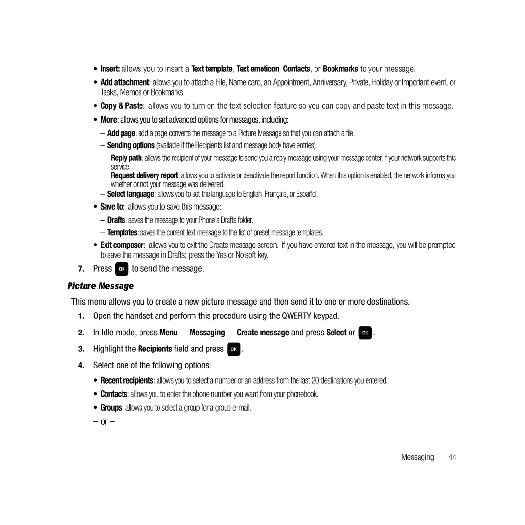 Samsung GH68-22878A user manual Press to send the message, Picture Message 