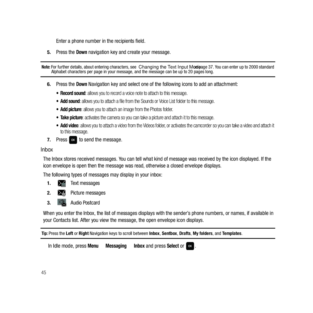 Samsung GH68-22878A user manual Idle mode, press Menu Messaging Inbox and press Select or 