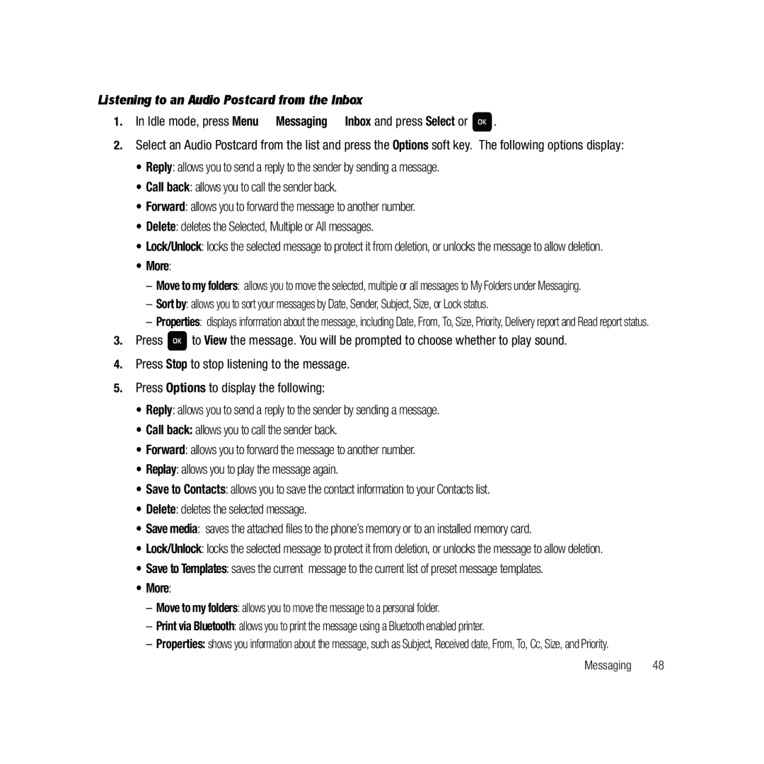 Samsung GH68-22878A user manual Listening to an Audio Postcard from the Inbox 