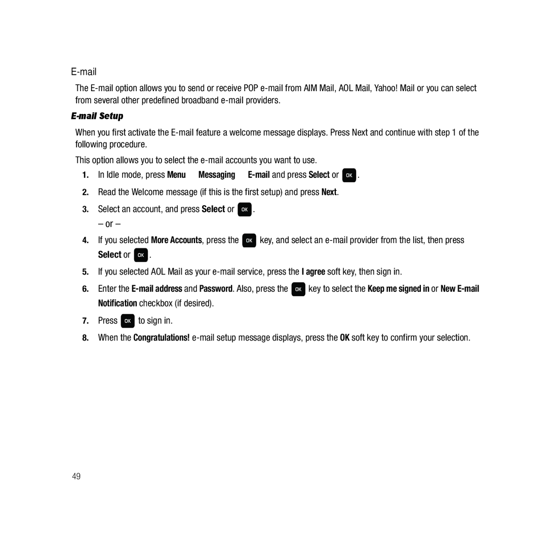 Samsung GH68-22878A user manual Mail Setup, Press to sign 