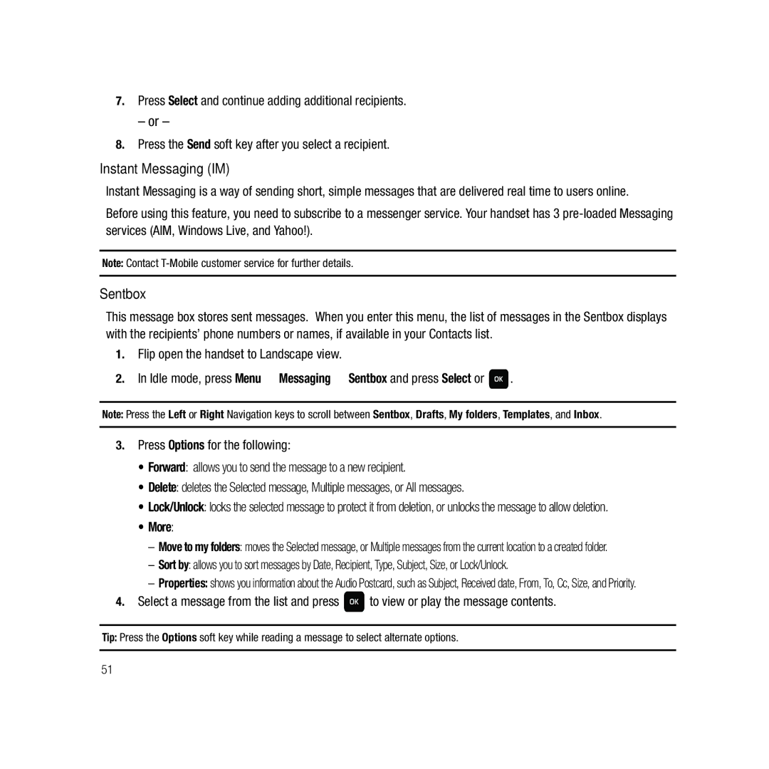 Samsung GH68-22878A user manual Instant Messaging IM, Sentbox 