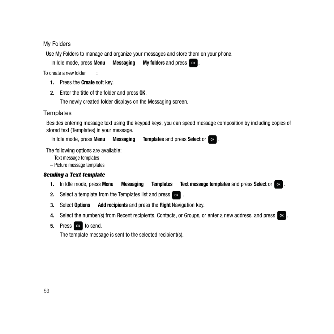 Samsung GH68-22878A user manual My Folders, Templates, Sending a Text template, To create a new folder 