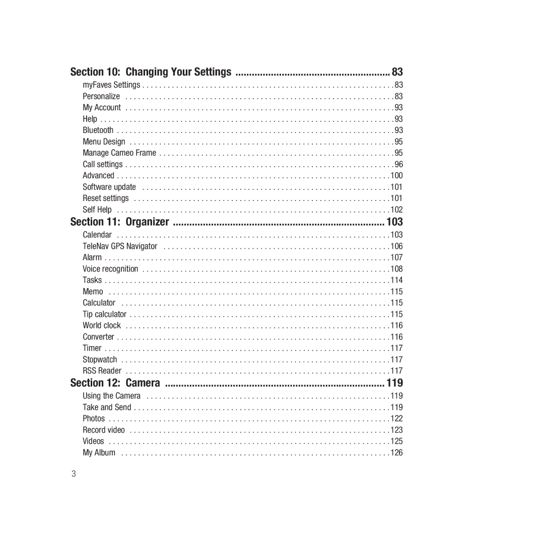 Samsung GH68-22878A user manual 103, 119, Changing Your Settings, Organizer, Camera 