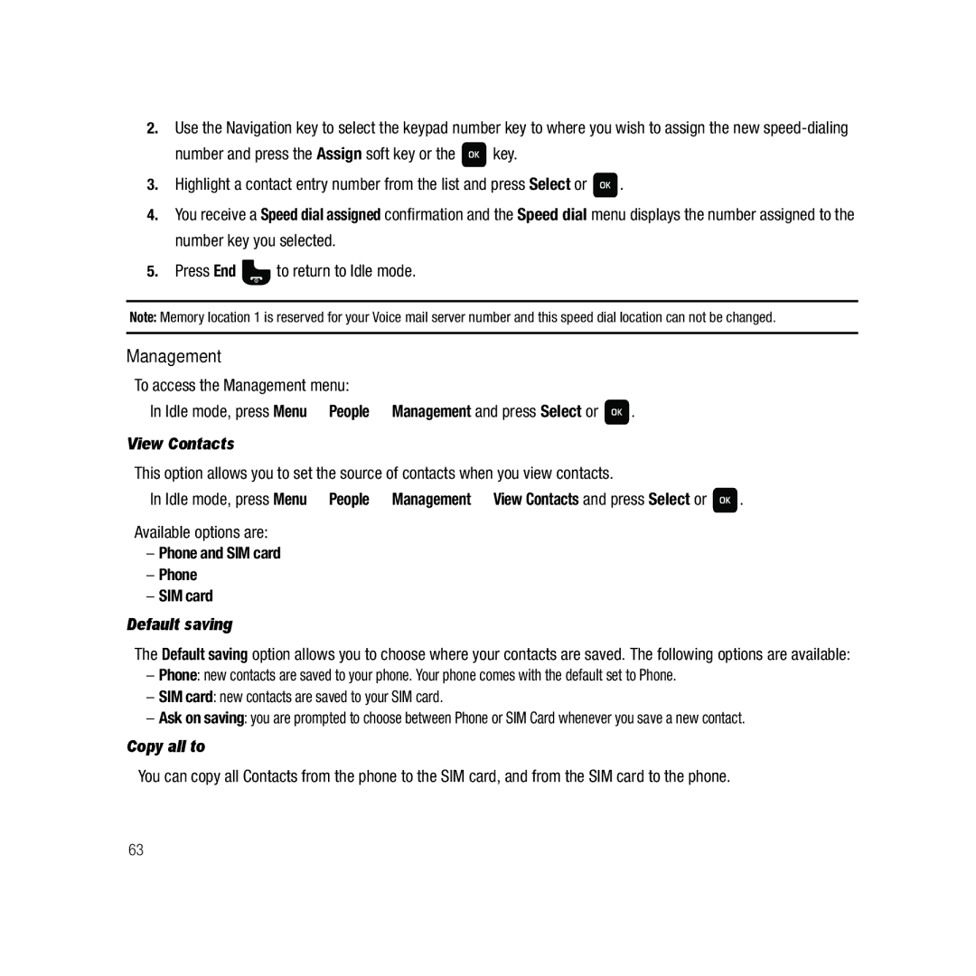 Samsung GH68-22878A user manual Management, View Contacts, Phone and SIM card, Default saving, Copy all to 