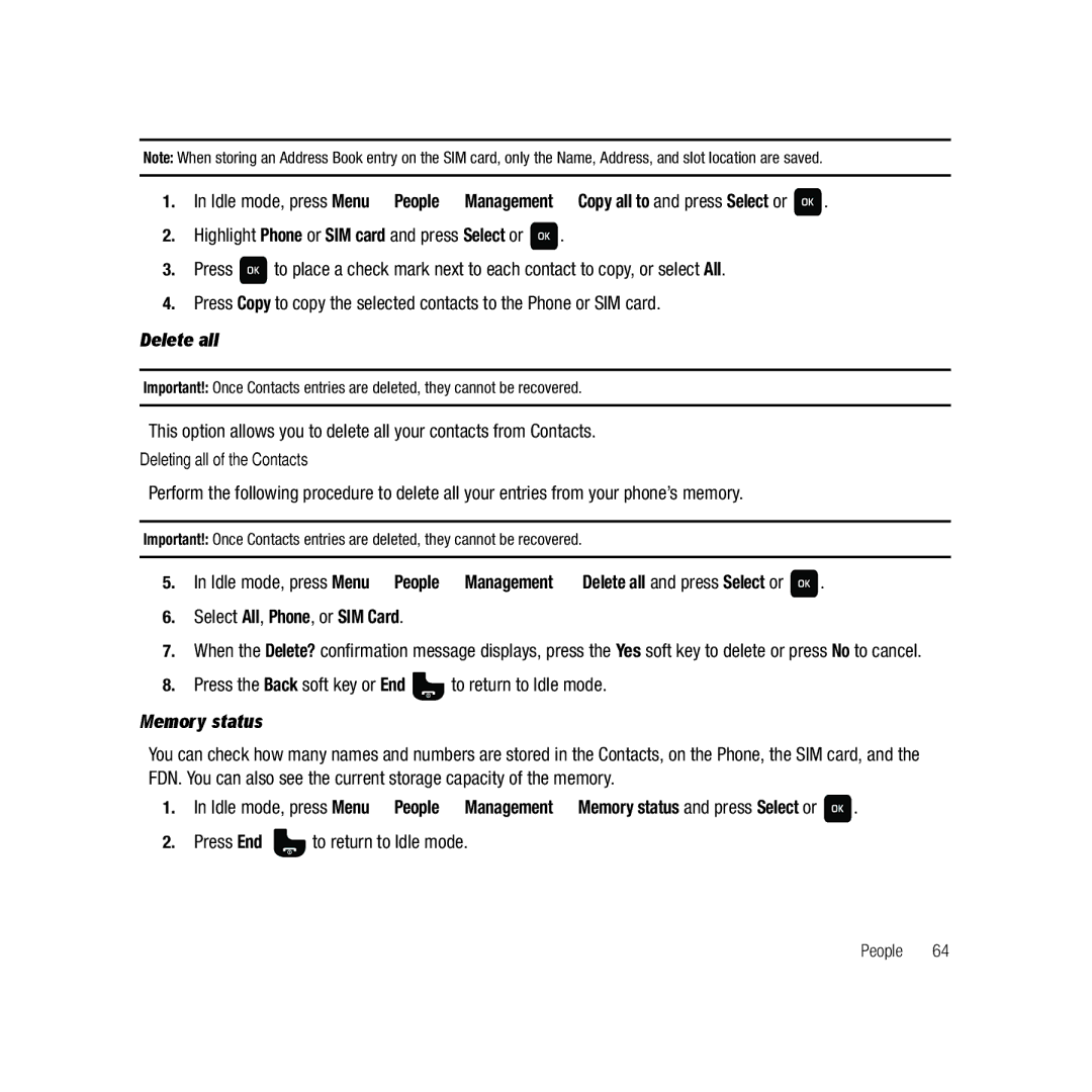 Samsung GH68-22878A user manual Select All, Phone, or SIM Card, Press the Back soft key or End to return to Idle mode 