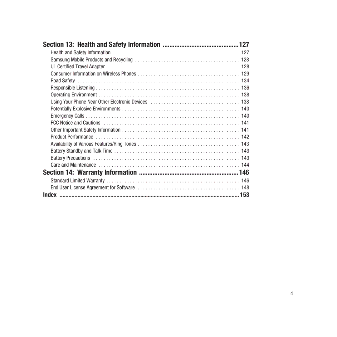 Samsung GH68-22878A user manual 127, Health and Safety Information, Warranty Information 146, 148, 153 