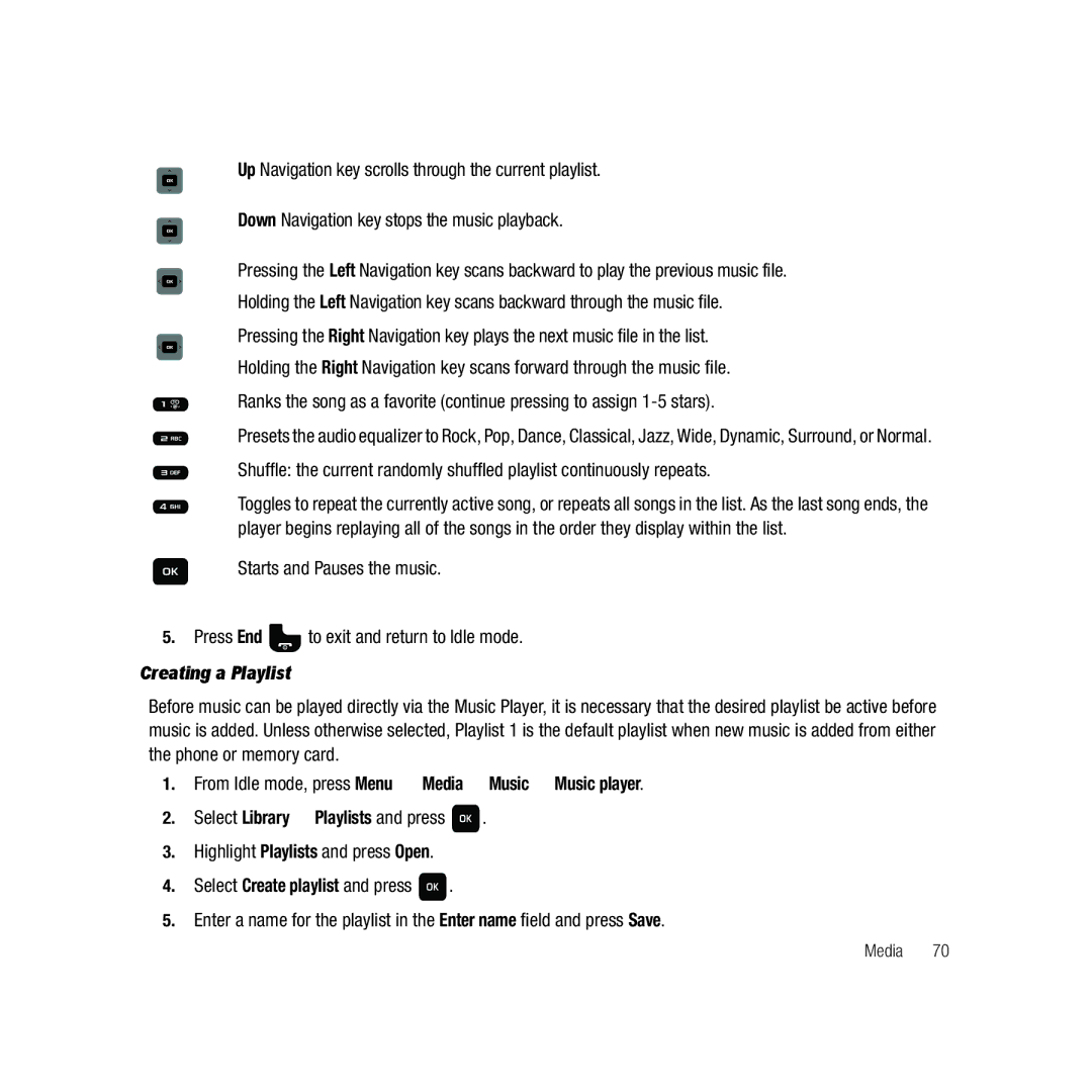 Samsung GH68-22878A user manual Creating a Playlist, From Idle mode, press Menu Media Music Music player 