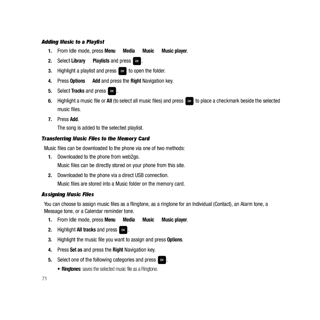 Samsung GH68-22878A Adding Music to a Playlist, Transferring Music Files to the Memory Card, Assigning Music Files 