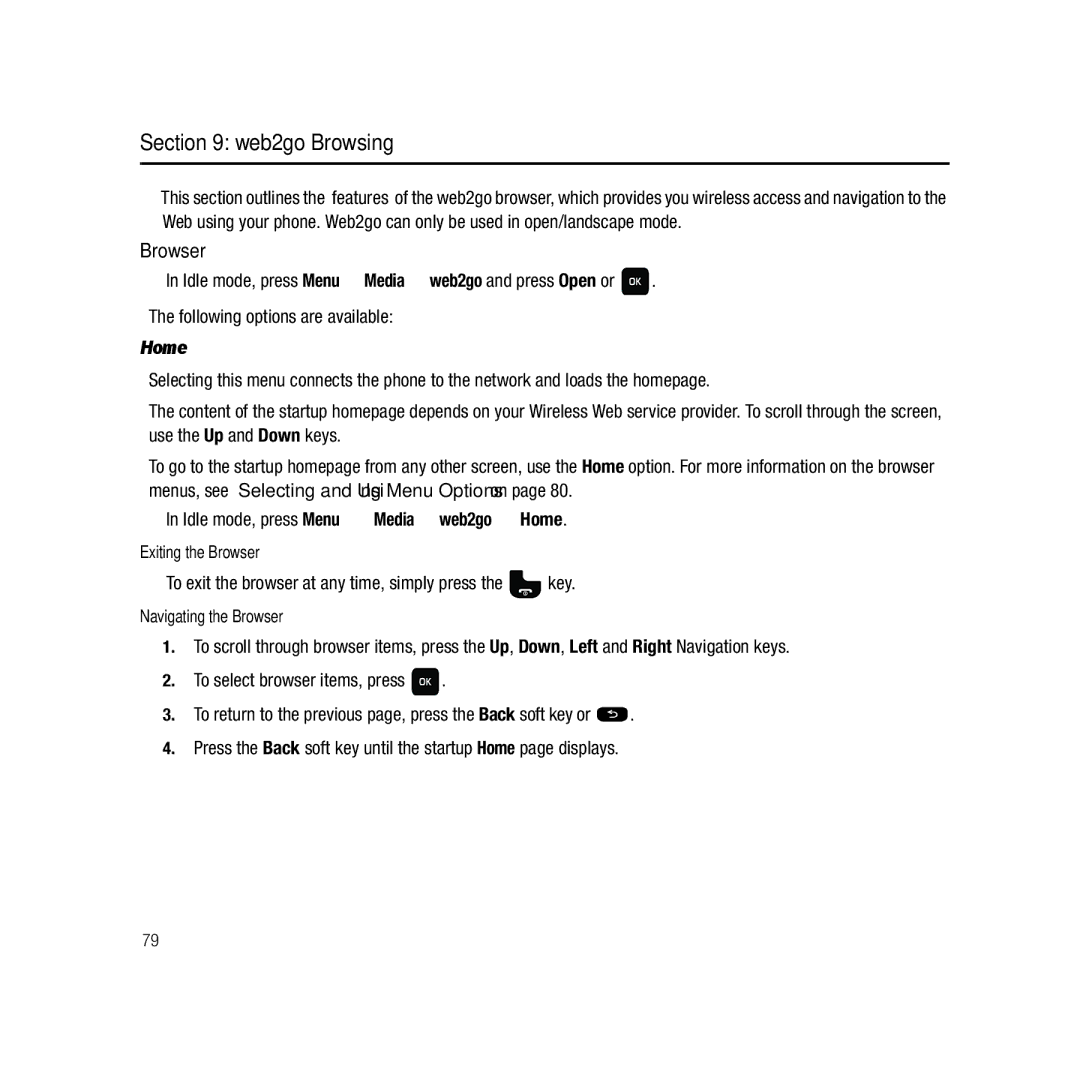 Samsung GH68-22878A user manual Web2go Browsing, Browser, Idle mode, press Menu Media web2go Home 