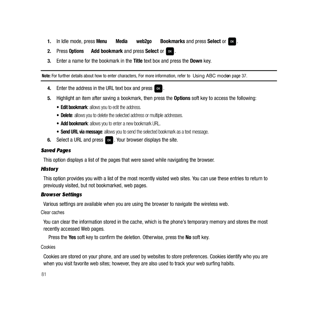 Samsung GH68-22878A user manual Press Options Add bookmark and press Select or, Saved Pages, History, Browser Settings 