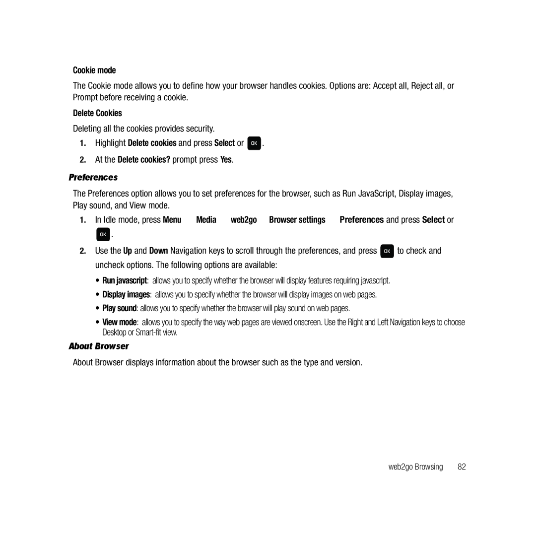 Samsung GH68-22878A user manual Cookie mode, Delete Cookies, Preferences, About Browser 
