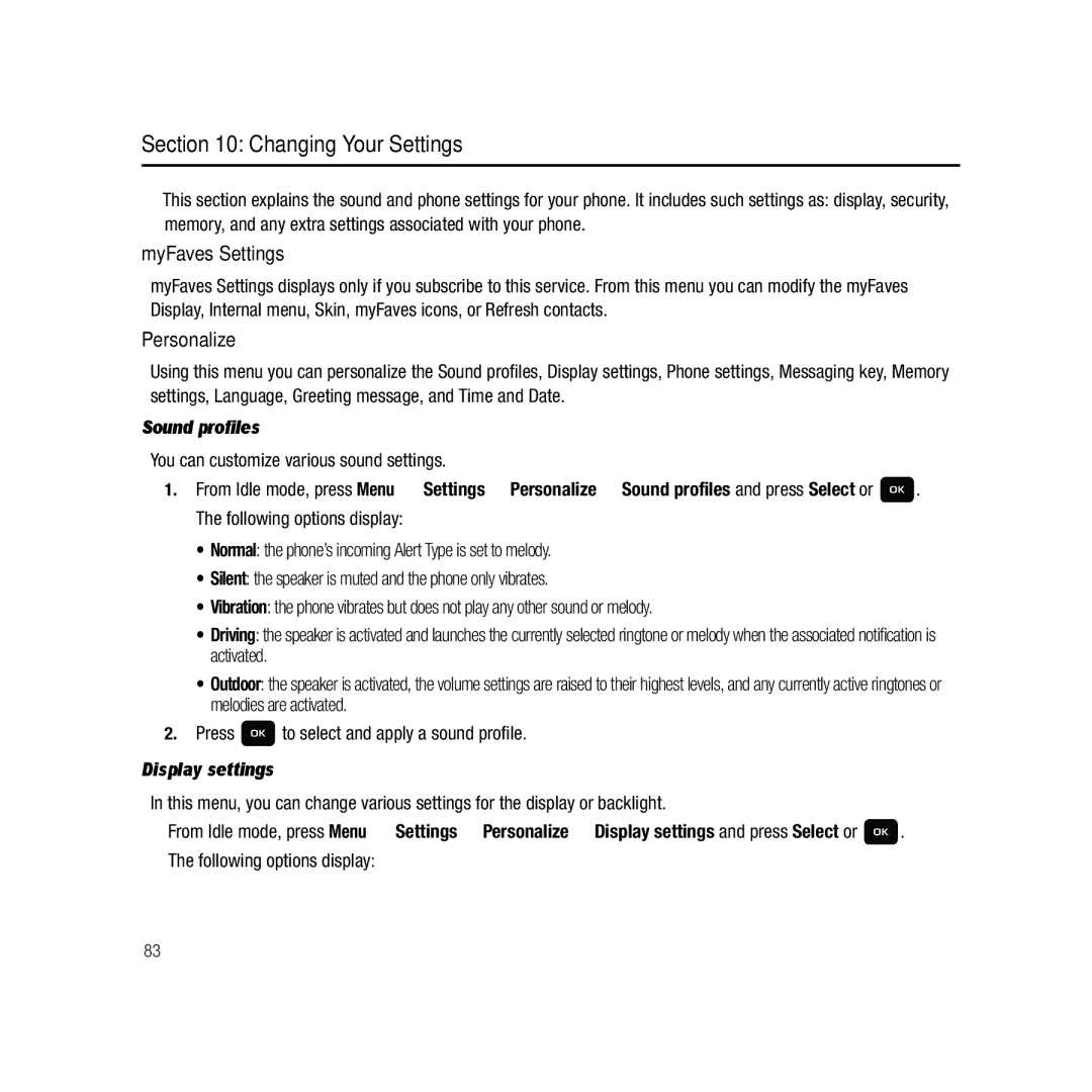 Samsung GH68-22878A user manual Changing Your Settings, MyFaves Settings, Personalize, Sound profiles, Display settings 