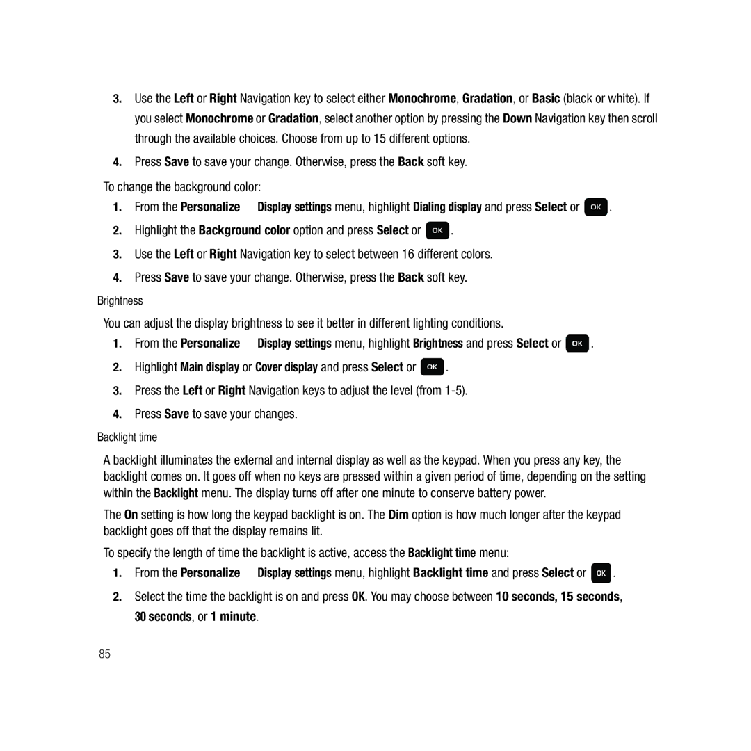 Samsung GH68-22878A user manual Highlight Main display or Cover display and press Select or, Brightness, Backlight time 