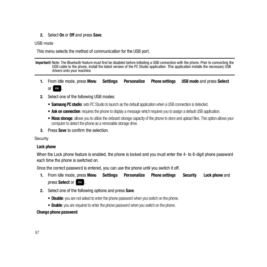 Samsung GH68-22878A user manual Select On or Off and press Save, Select one of the following USB modes, Lock phone 